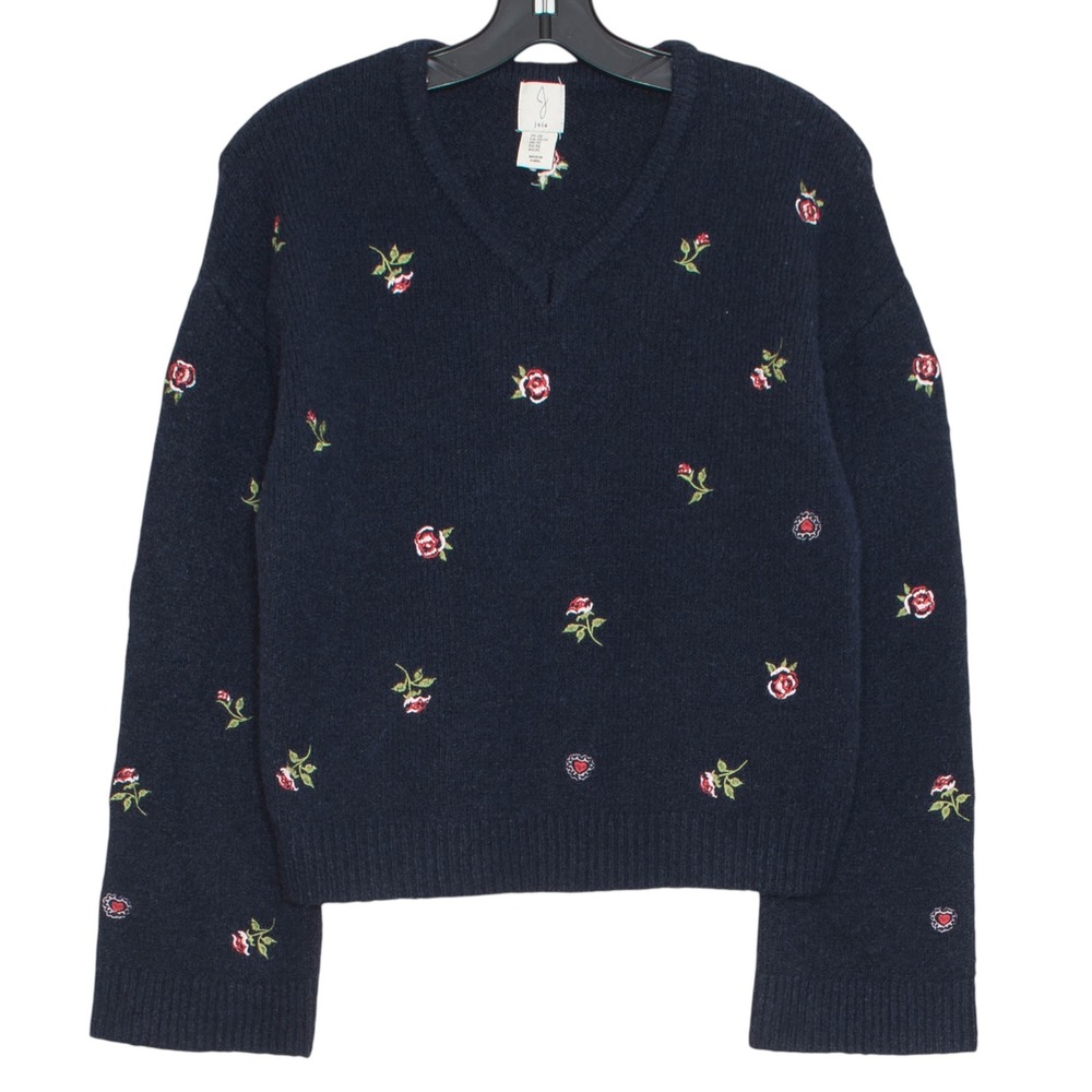 Joie Sweater Floral Embroidered Preppy Romantic Feminine Cottagecore Navy XS